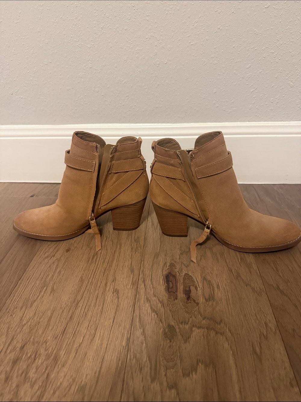 Sam Edelman Tan Suede Ankle Booties with Wrap Strap and Side Zipper
